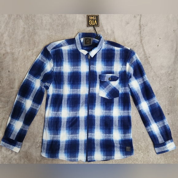 XL Plaid VTG 1946 Polar Fleece Zip Shirt Blue White NWT - Picture 4 of 10